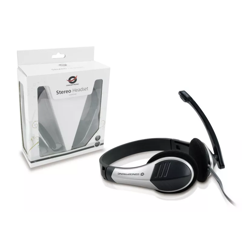 Conceptronic Allround Stereo ausinės su mikrofonu, laidinės, 20–22000 Hz, biurui/skambučių centrui, 111 g, juodos, sidabrinės