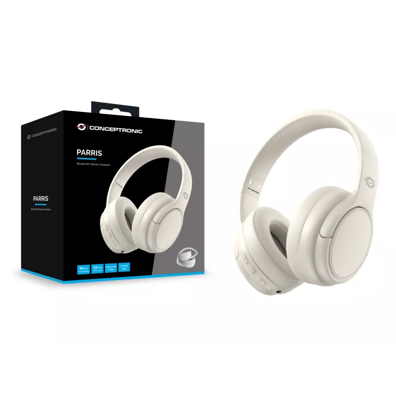 Conceptronic PARRIS03C Belaidės stereo ausinės, laidinės ir belaidės, muzika, 20–20000 Hz, 198,5 g, ausinės, kreminė