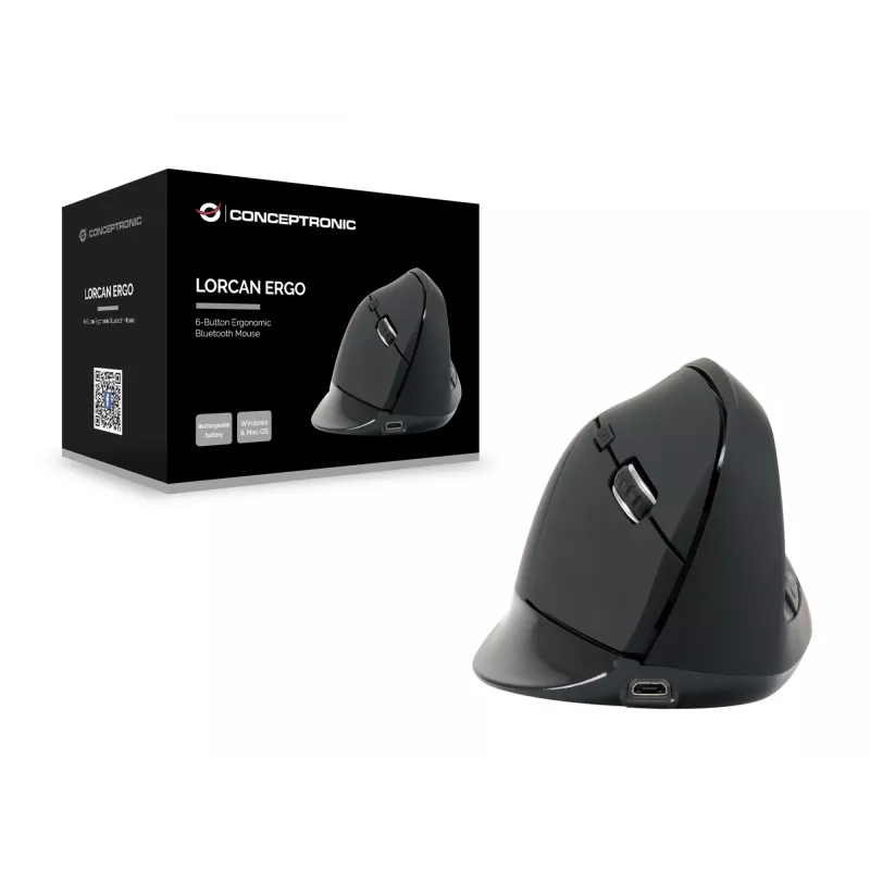 Conceptronic LORCAN ERGO 6 mygtukų ergonominė Bluetooth pelė, dešinei rankai, vertikalus dizainas, optinė, Bluetooth, 1600 DPI, juoda