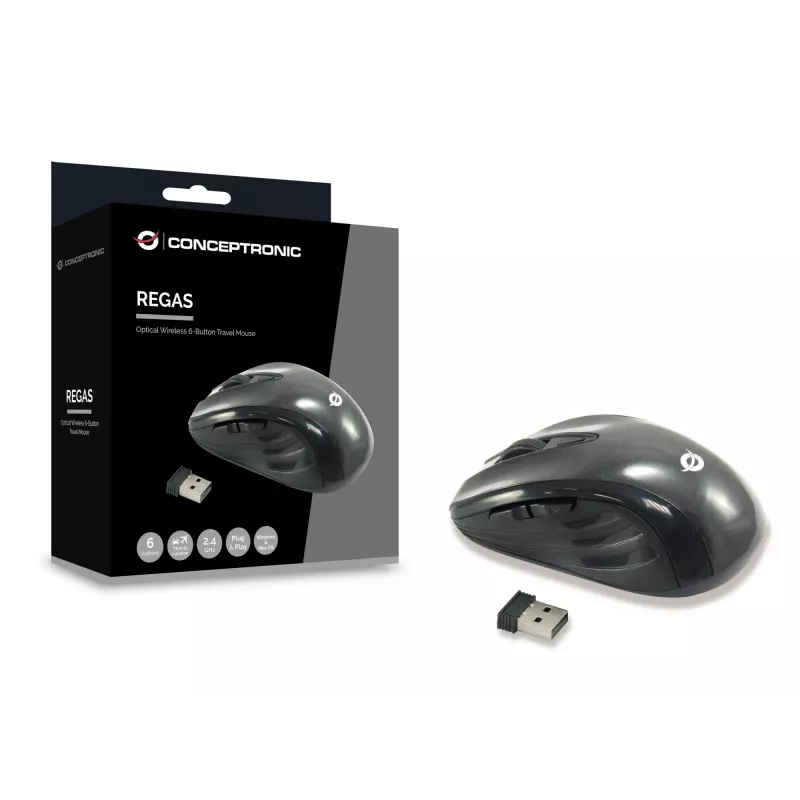 Conceptronic CLLM5BTRVWL Belaidė kelioninė pelė su 6 mygtukais, dešinei rankai, optinė, RF belaidė, 1600 DPI, juoda