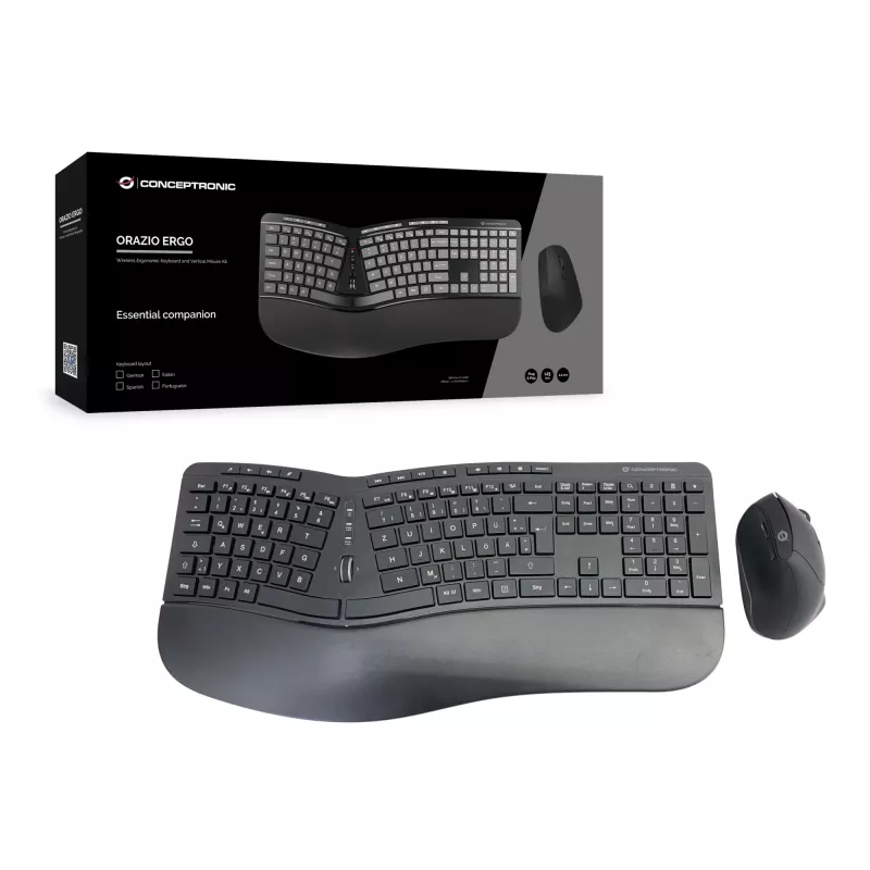 Belaidis ergonomiškas klaviatūros ir pelės rinkinys Conceptronic ORAZIO ERGO, vokiškas išdėstymas