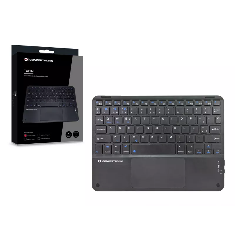 Conceptronic TOBIN01BES 10 colių belaidė klaviatūra su jutikliniu kilimėliu, QWERTY ispanų