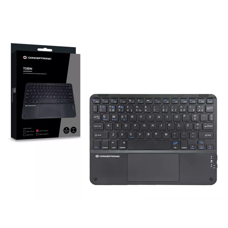 Conceptronic TOBIN01BPT 10 colių belaidė Bluetooth klaviatūra su jutikliniu kilimėliu, QWERTY portugališkas išdėstymas