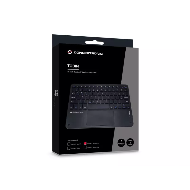 Conceptronic TOBIN01BPT 10 colių belaidė Bluetooth klaviatūra su jutikliniu kilimėliu, QWERTY portugališkas išdėstymas