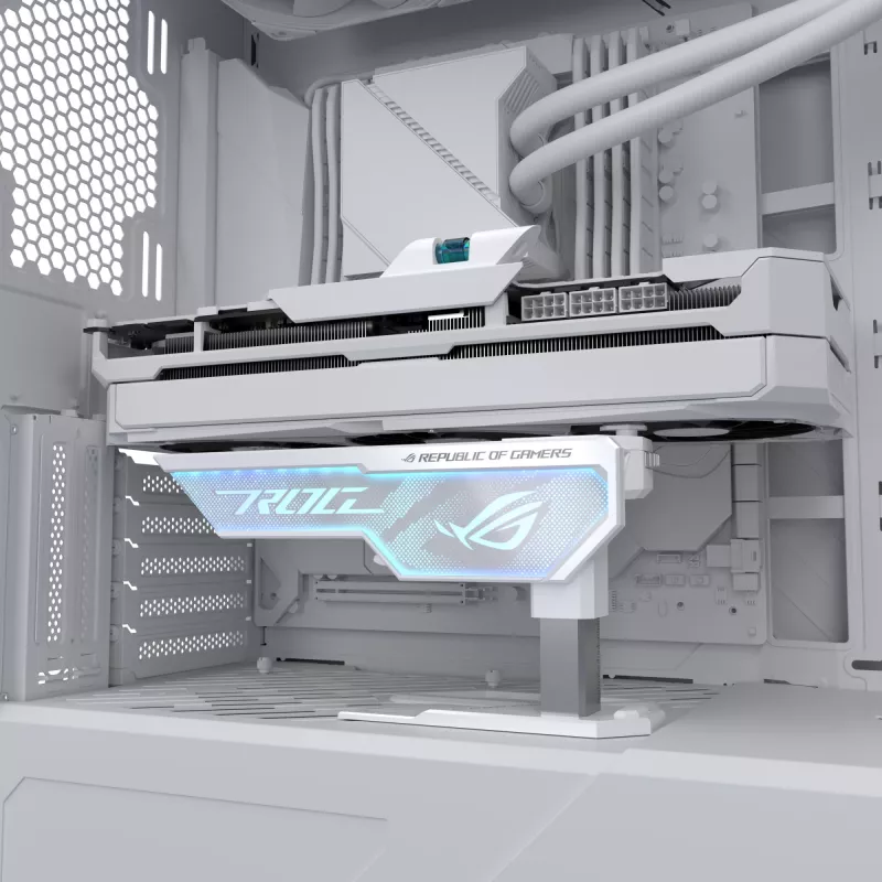 Laikiklis vaizdo plokštei ASUS ROG Herculx Universal White — 0,5 m ilgio, palaiko 1 GPU, įvairiaspalvis apšvietimas