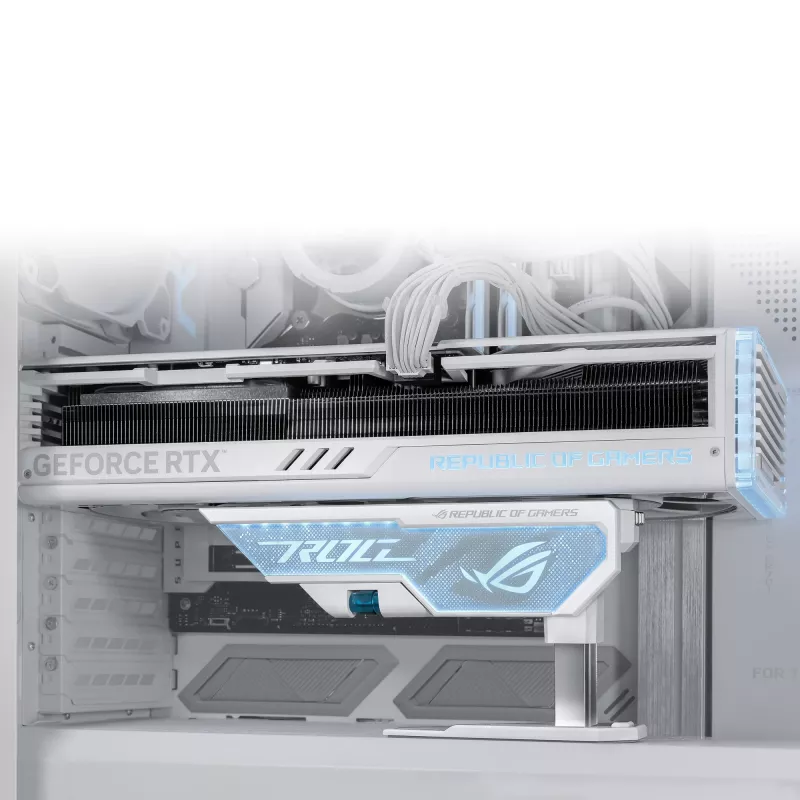 Laikiklis vaizdo plokštei ASUS ROG Herculx Universal White — 0,5 m ilgio, palaiko 1 GPU, įvairiaspalvis apšvietimas