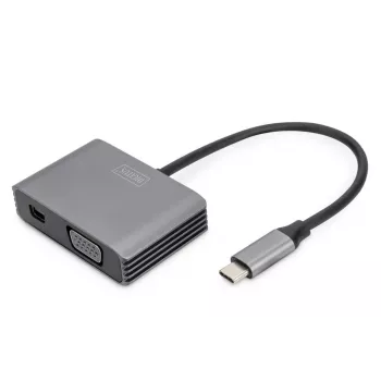 DIGITUS USB-C į Mini DP + VGA adapteris, 20 cm, 4K/30Hz, sidabrinis, aliumininis korpusas