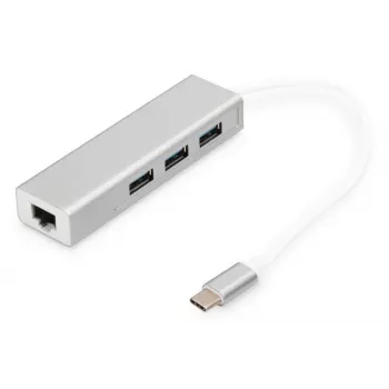 DIGITUS 3 prievadų USB 3.0 Type C šakotuvas su Gigabit Ethernet 3x USB A/M, 1x USB C/M, 1x RJ45 LAN