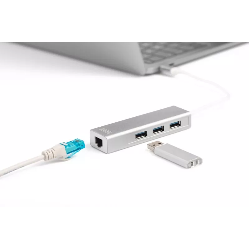 DIGITUS 3 prievadų USB 3.0 Type C šakotuvas su Gigabit Ethernet 3x USB A/M, 1x USB C/M, 1x RJ45 LAN