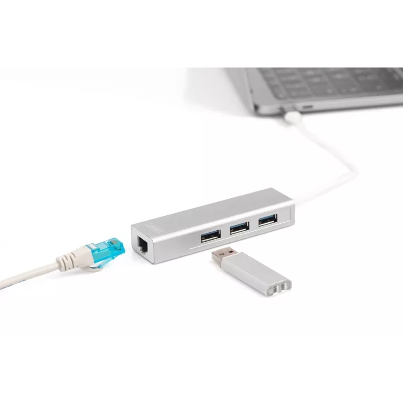 DIGITUS 3 prievadų USB 3.0 Type C šakotuvas su Gigabit Ethernet 3x USB A/M, 1x USB C/M, 1x RJ45 LAN