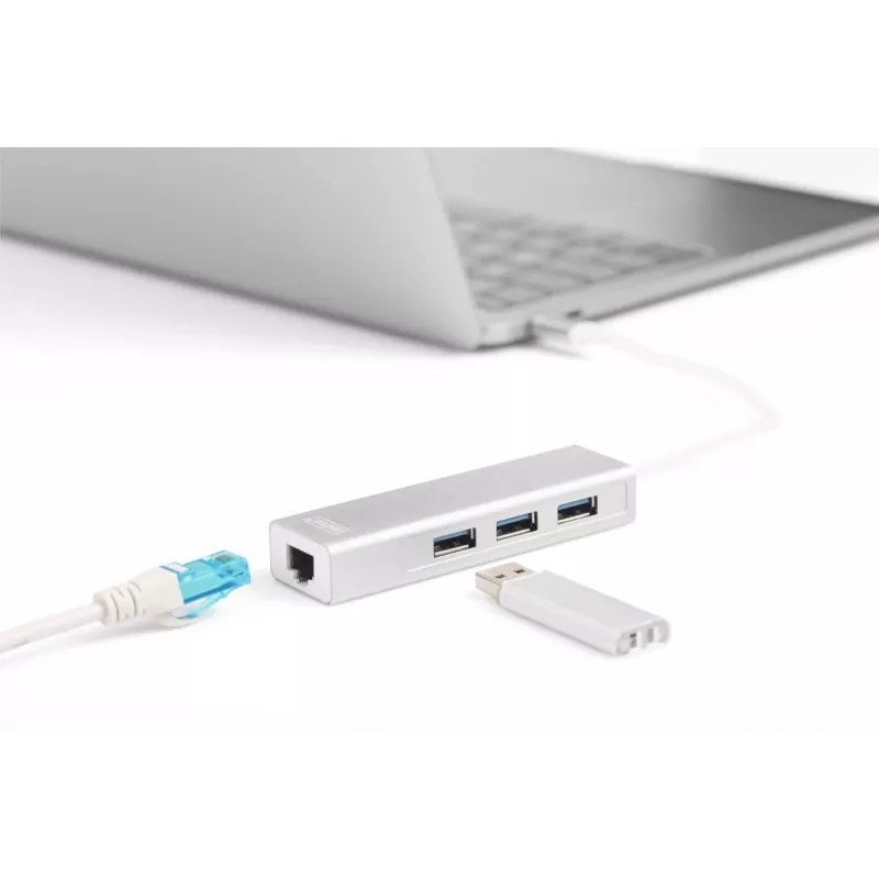 DIGITUS 3 prievadų USB 3.0 Type C šakotuvas su Gigabit Ethernet 3x USB A/M, 1x USB C/M, 1x RJ45 LAN