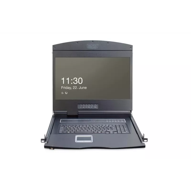 DIGITUS modulinė 48,3 cm (19 colių) TFT konsolė su 8 prievadų Cat.5 KVM, RAL 9005 juoda - Qwertzu vokiška klaviatūra