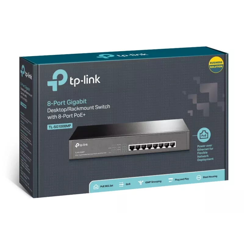 TP-Link TL-SG1008MP 8 prievadų Gigabit Ethernet jungiklis su PoE+ (126 W) 1U juodas
