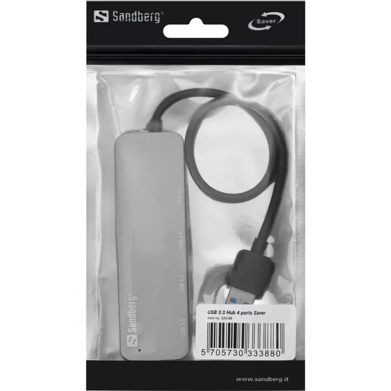 Sandberg USB 3.0 Hub 4 prievadai SAVER, sidabrinis, aliuminis
