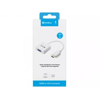 Sandberg HDMI į VGA keitiklis, VGA (D-Sub), HDMI A tipo (standartinis), Kištukas, Lizdas, Baltas, RoHS