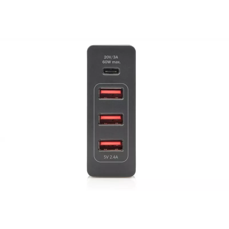 DIGITUS 4 prievadų USB įkroviklis, 72W 1x USB-C (PD) 5,9,15,20V/3A, 3x USB-A 5V/2,4A, juodas