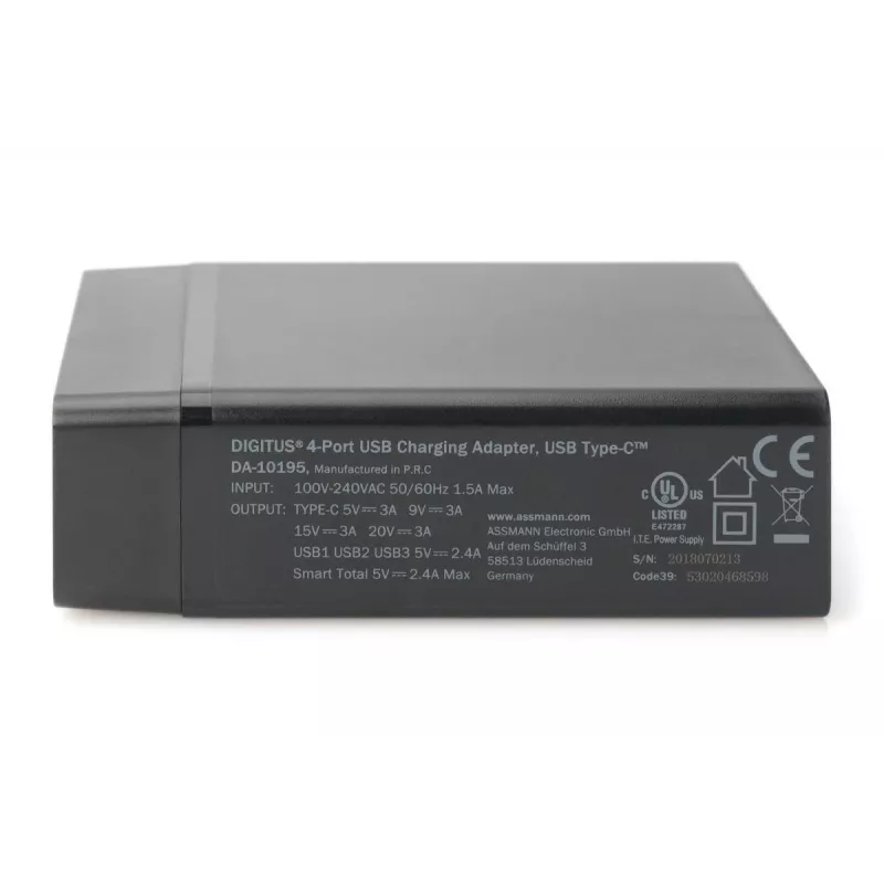 DIGITUS 4 prievadų USB įkroviklis, 72W 1x USB-C (PD) 5,9,15,20V/3A, 3x USB-A 5V/2,4A, juodas