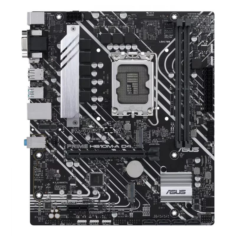 ASUS PRIME H610M-A D4-CSM pagrindinė plokštė, Intel H610, LGA 1700, micro ATX, 2x DDR4 DIMM, iki 64 GB, 2x M.2, 4x SATA III, HDMI, DisplayPort, VGA, Gigabit LAN