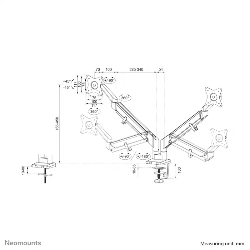 Neomounts DS70-810BL2 Monitoro laikiklis 17-32 colių – dujinė spyruoklė – taupo vietą – 180° stabdys
