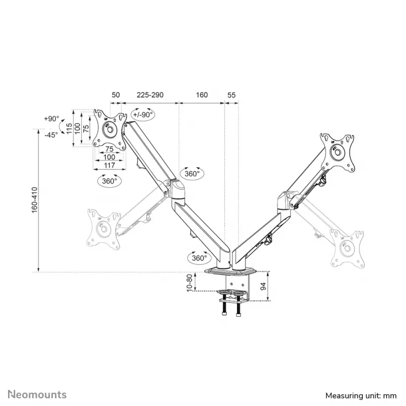 Neomounts DS70-700BL2 Monitor laikiklis 17-27 colių - dujinis spyruoklinis, spaustuvas, 7 kg, 43,2 cm (17 inch), 68,6 cm (27 inch), 100 x 100 mm, juodas