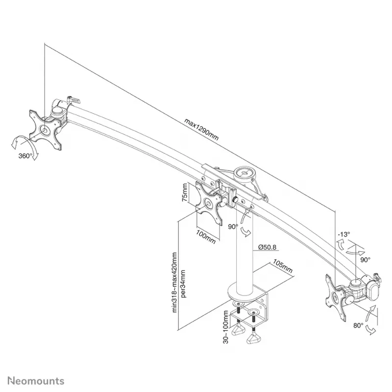 Neomounts FPMA-D700D3 monitorių laikiklis trims ekranams 10-27 colių, spaustuvas, 8 kg, 100x100 mm, juodas