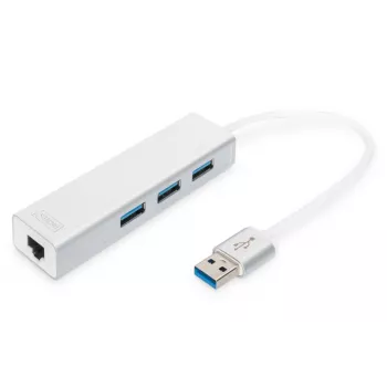 DIGITUS USB 3.0 3 prievadų HUB ir Gigabit LAN adapteris 3xUSB A/M, 1xUSB A/F, 1xRJ45 LAN, palaiko Windows ir Mac OS