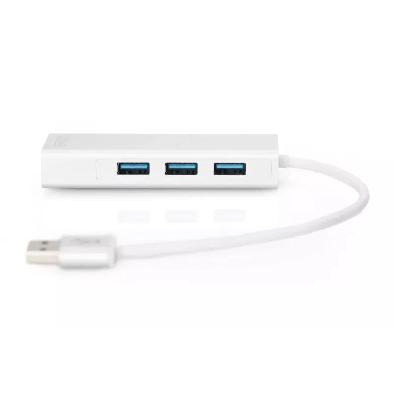 DIGITUS USB 3.0 3 prievadų HUB ir Gigabit LAN adapteris 3xUSB A/M, 1xUSB A/F, 1xRJ45 LAN, palaiko Windows ir Mac OS