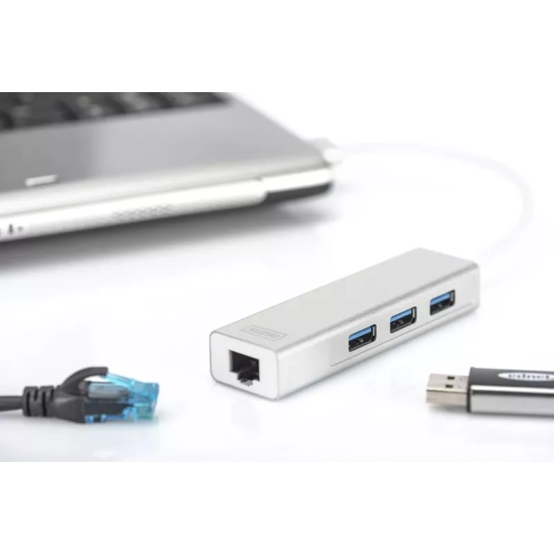 DIGITUS USB 3.0 3 prievadų HUB ir Gigabit LAN adapteris 3xUSB A/M, 1xUSB A/F, 1xRJ45 LAN, palaiko Windows ir Mac OS