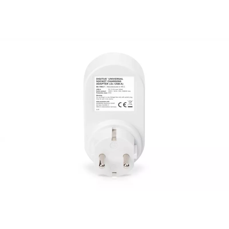DIGITUS maitinimo adapteris su 2 USB prievadais 250V, 50 Hz, USB: 5V, 2.1A, balta / pilka