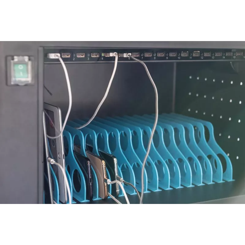 DIGITUS Įkrovimo spinta, 16 vietų, 14 colių, juoda 384x550x375 mm, elektr. užraktas, su USB, ventiliatoriumi