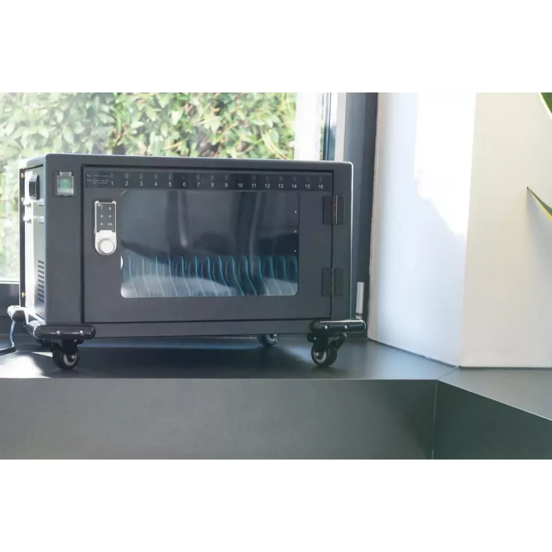DIGITUS Įkrovimo spinta, 16 vietų, 14 colių, juoda 384x550x375 mm, elektr. užraktas, su USB, ventiliatoriumi