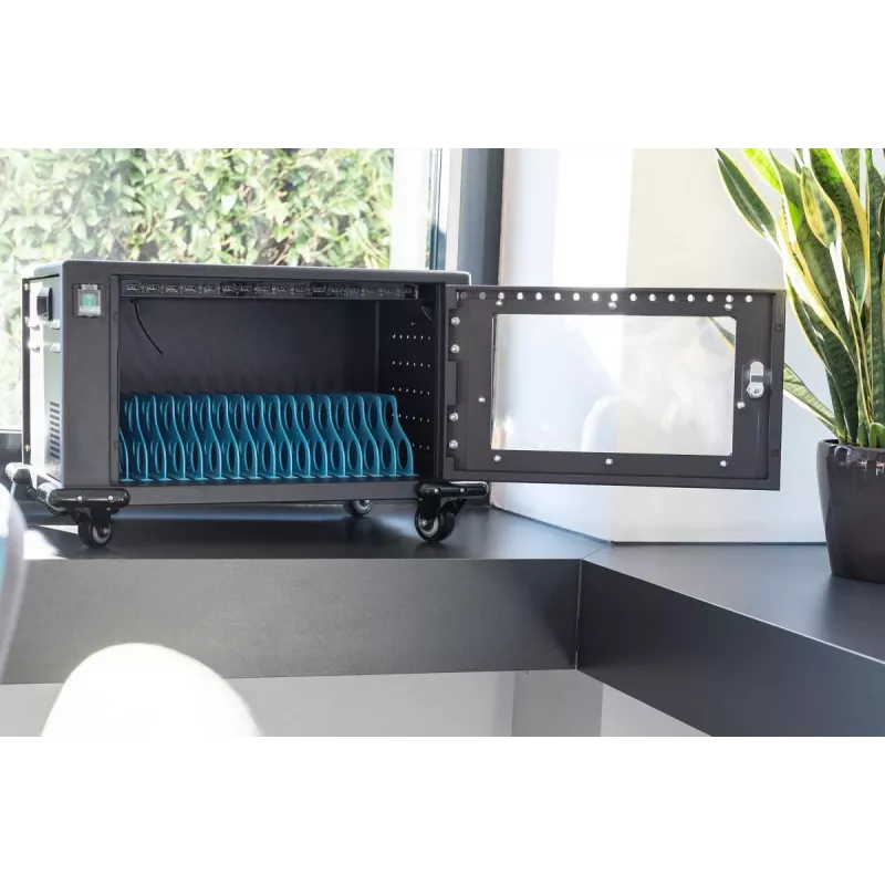 DIGITUS Įkrovimo spinta, 16 vietų, 14 colių, juoda 384x550x375 mm, elektr. užraktas, su USB, ventiliatoriumi