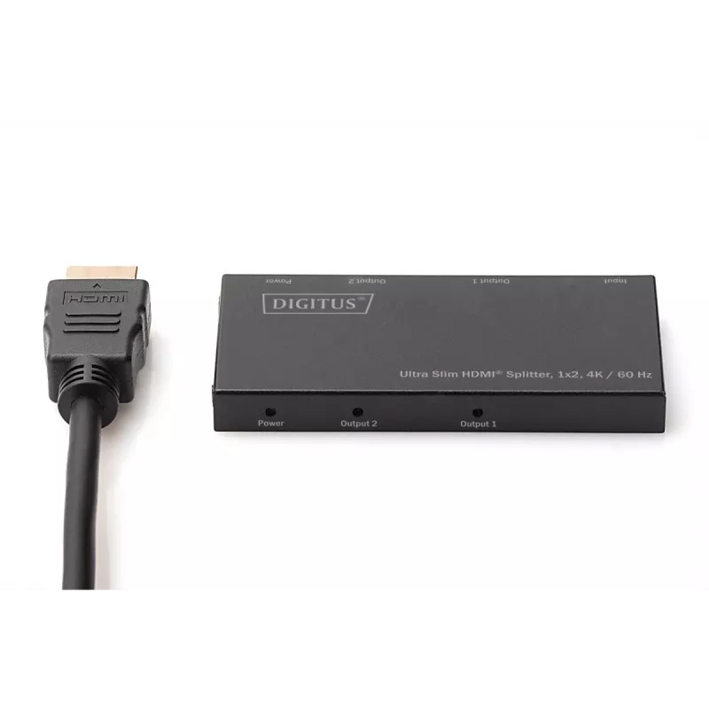 DIGITUS Ultra Slim HDMI skirstytuvas 1x2, 4K/60Hz HDR, HDCP 2.2, 18 Gbps, maitinamas per Micro USB