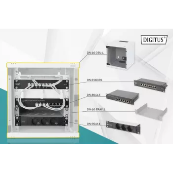 DIGITUS 10 colių tinklo rinkinys – 6U spinta, pilka lentyna, PDU, 8 prievadų jungiklis, CAT6 pataisų skydelis