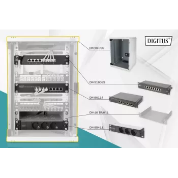 DIGITUS tinklo rinkinys 10in-9U 312x300mm spintelė su lentyna, PDU 8 prievadų pataisų skydeliu