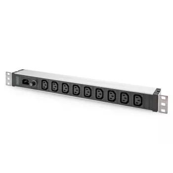 DIGITUS 1U aliuminio PDU stelažinis 9x C13 10A 230VAC 50/60Hz IEC C14 įvadas 10A saugiklis