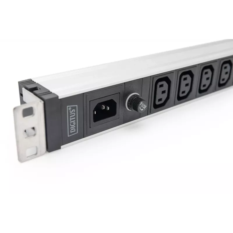 DIGITUS 1U aliuminio PDU stelažinis 9x C13 10A 230VAC 50/60Hz IEC C14 įvadas 10A saugiklis