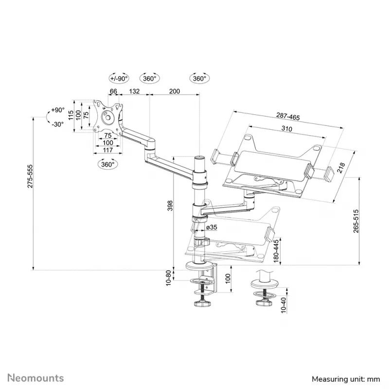 Neomounts DS20-425BL2 monitoriaus rankena su nešiojamojo kompiuterio laikikliu 17-27 colių - erdvę taupanti