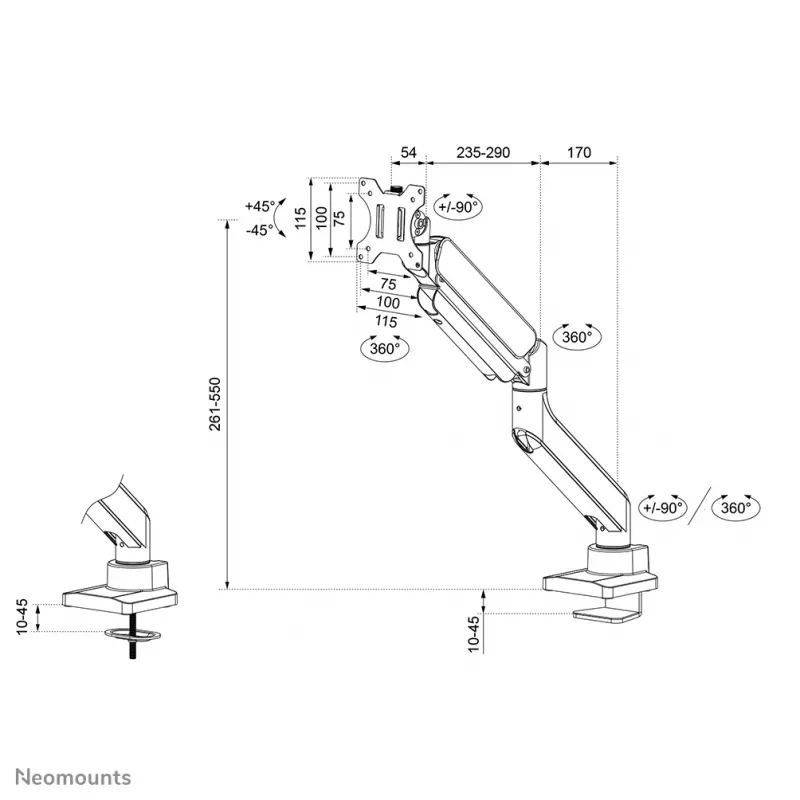 Neomounts DS70PLUS-450WH1 monitoriaus rankena 17-49 colių - dujinė spyruoklė - Topfix - 180° stabdiklis