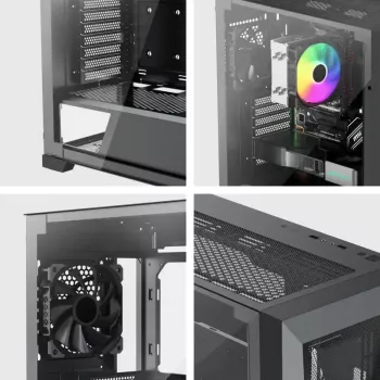 PC Midi Tower korpusas XILENCE XG151 — juodas, ATX/Micro-ATX/Mini-ITX, maitinimo šaltinis apačioje, 2x 3,5 colio + 4x 2,5 colio vietos