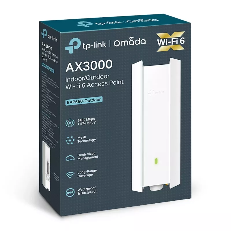 TP-Link Omada AX3000 vidinis/lauko WiFi 6 prieigos taškas, 2,4 GHz, 5 GHz, 3000 Mbit/s, WPA, WPA-Enterprise, WPA2, WPA2-Enterprise, WPA3, WPA3-Enterprise, 10,100,1000 Mbit/s