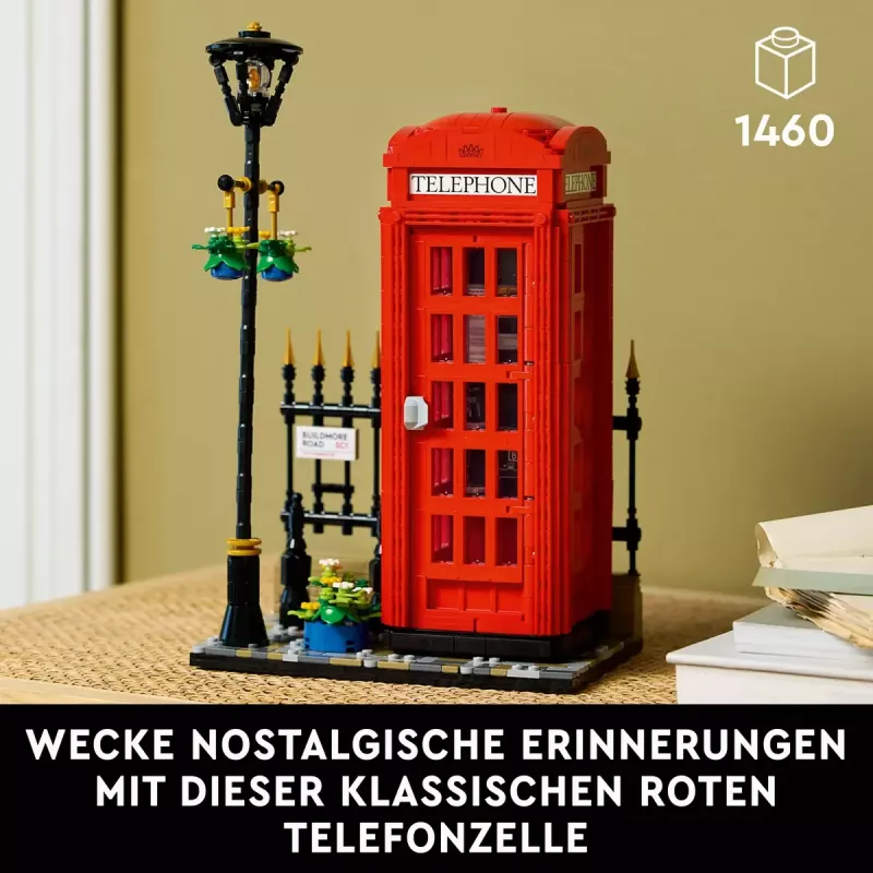 Statybinis žaislas LEGO Raudona Londono telefono būdelė 21347 – modulinis kolekcinis rinkinys, 1460 dalių, 18+
