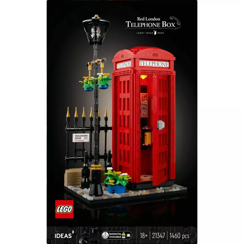 Statybinis žaislas LEGO Raudona Londono telefono būdelė 21347 – modulinis kolekcinis rinkinys, 1460 dalių, 18+
