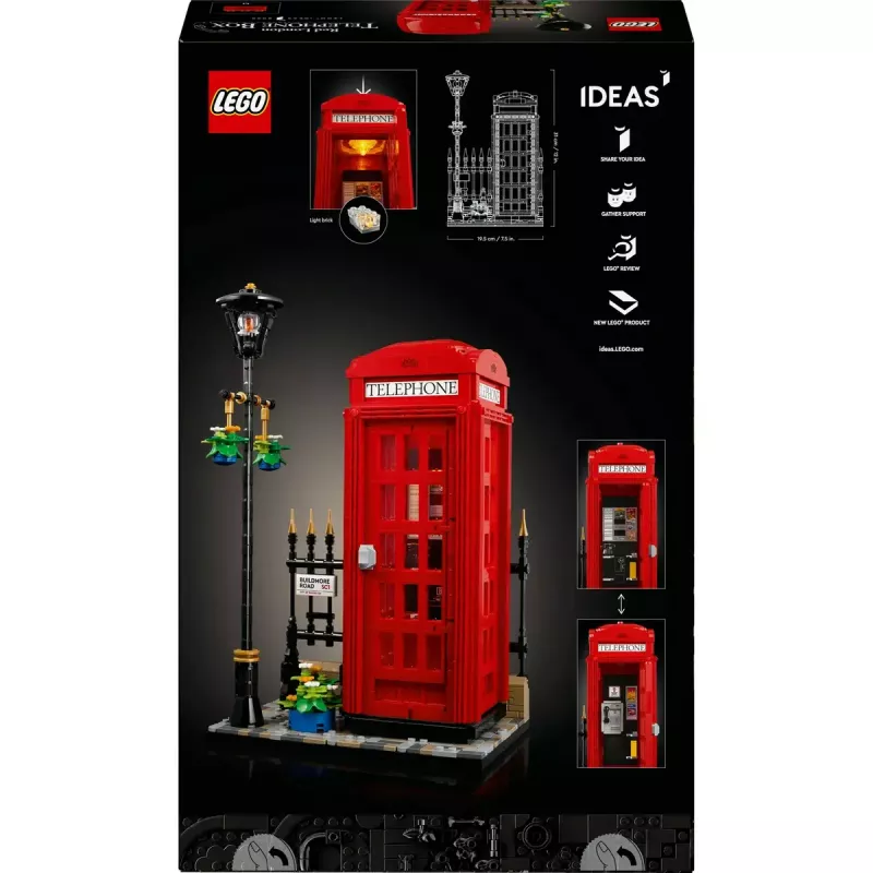 Statybinis žaislas LEGO Raudona Londono telefono būdelė 21347 – modulinis kolekcinis rinkinys, 1460 dalių, 18+