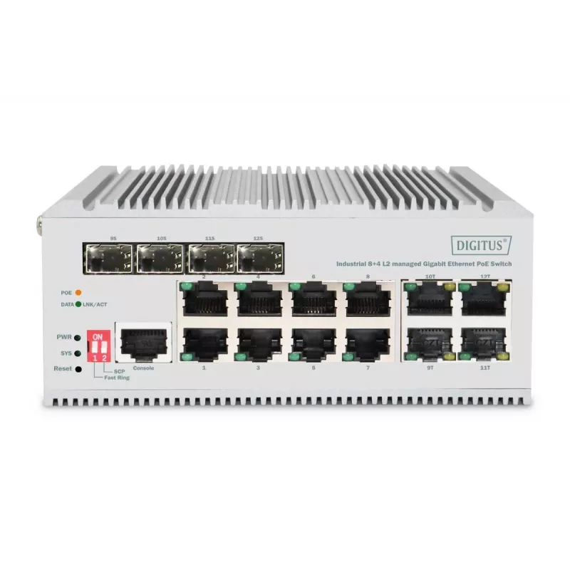 DIGITUS DN-651139 pramoninis gigabitinis PoE tinklo jungiklis – 8 prievadai, L2 valdomas, 4 SFP
