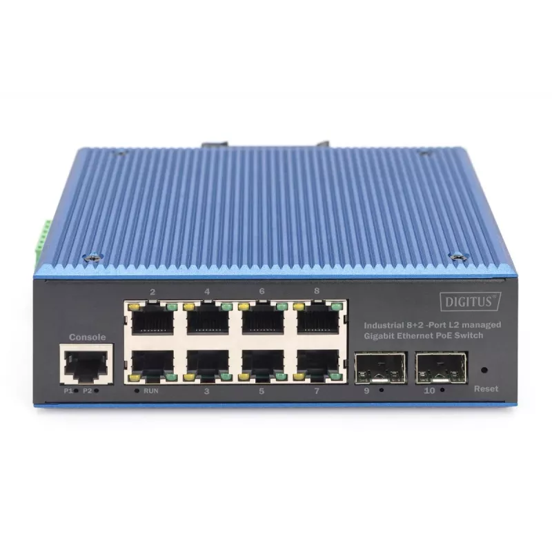 DIGITUS Industrial 8+2 prievadų Gigabit L2 valdomas Ethernet POE jungiklis 8xGE RJ45 + 2 SFP prievadas IEEE802.3at (30W)