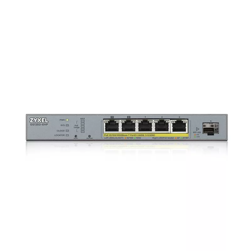 Zyxel GS1350-6HP-EU0101F tinklo jungiklis valdomas L2 Gigabit Ethernet (10/100/1000) Power over Ethernet (PoE) pilkas