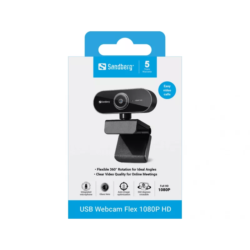 Sandberg USB Webcam Flex 1080P HD, 2 MP, 1920 x 1080 pikselių, Full HD, 30 kadrų/s, USB, juoda