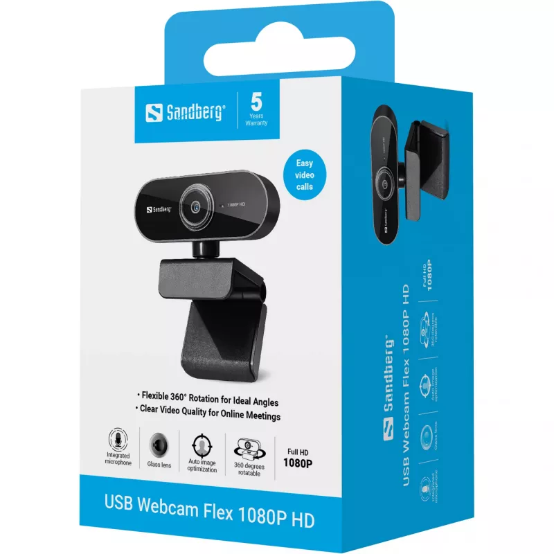 Sandberg USB Webcam Flex 1080P HD, 2 MP, 1920 x 1080 pikselių, Full HD, 30 kadrų/s, USB, juoda