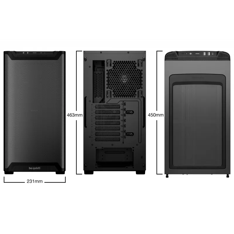 Korpusas bequiet! PURE BASE 501 Airflow Window MIDI bokštas — ATX, grūdintas stiklas, 3x140/240mm palaikymas, 2x3,5 colio + 5x2,5 colio, USB-A x2, USB-C x1